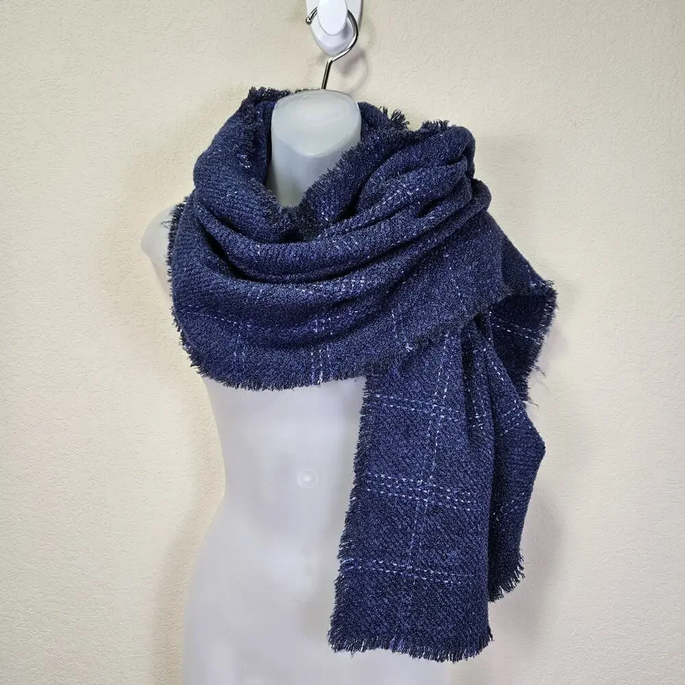 Talbots Metallic Windowpane Plaid Wrap Womens Large Scarf Sapphire Blue Fringed